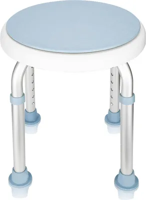 A white and blue adjustable shower stool against a white background.