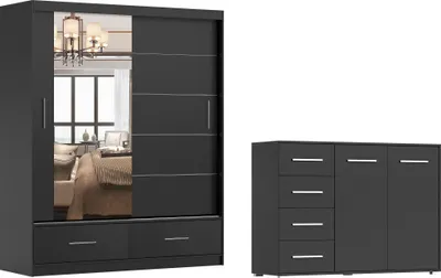 Produktbild von 2er-Set Schwebetürenschrank Schrank Kleiderschrank FLORENCE 200cm mit Spiegel 150 cm mit Kommode 135cm FRIDA 01 2D4S Schwarz/Schwarz