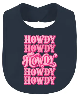 Imagen del producto de Babero infantil con diseño de vaquera "Dolly Parton", estilo western, color rosa retro, con motivos de rodeo, en color azul marino