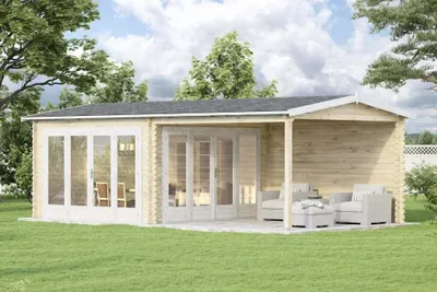 Produktbild von Alpholz Gartenhaus Freiburg-44 aus naturbelassenem Holz 755 x 399 cm mit 44 mm Wandstärke, Terrasse und Doppeltür