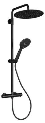 Image de Système de douche thermostatique avec bouton de sécurité à 38°C, finition noire, douchette de pluie en acier inoxydable, hauteur réglable de 89 à 123 cm