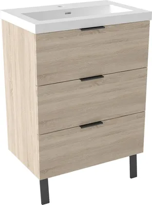 Image de Acezanble Meuble de Salle de Bain à 3 Tiroirs 60cm - Chêne Mat avec Vasque Intégrée, MDF