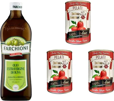 Produktbild von Farchioni Classico Extra Natives nativ Olive Olivenöl 1000ml olio vergine oliva 1lt + Italian Gourmet 100% italienische geschälte Tomaten dosen 3x 400g