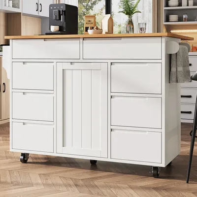 Produktbild von MODFU Sideboard,Kücheninsel,Ausziehbarer Küchenwagen mit Rollen und Arbeitsplatte, Küchenschrank mit Gewürzregal und 8 Schubladen, weiß