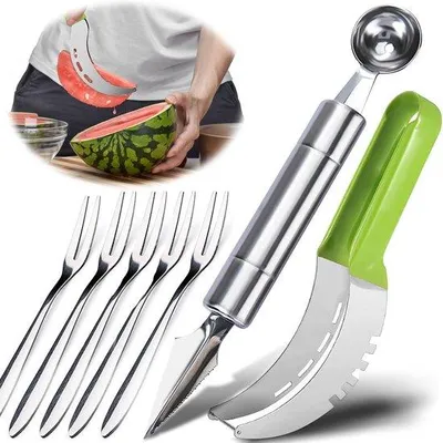 Produktbild von Ibenzoa® Fruchtmesserset aus Edelstahl – Wassermelonenmesser, Multifunktions-Obstmesser & 5 Fruchtgabeln, ergonomisch, rostbeständig, spülmaschinenfest