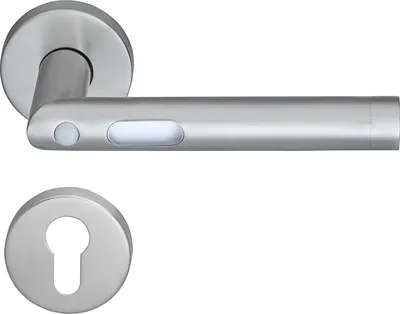 A stainless steel door handle set, including a lever handle and a keyhole escutcheon, is displayed against a white background.