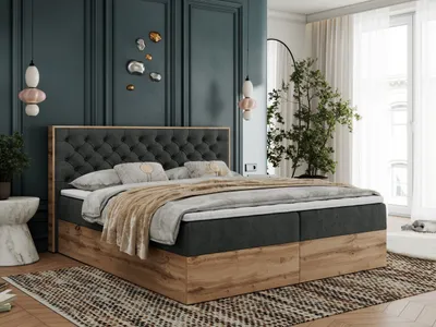 Produktbild von Boxspringbett, Deko, Doppelbett, Polsterbett mit Bettkästen und Multipocket-Matratze, Eiche Wotan holzrahmen - Albero-3 - 180x200cm - Dunkelgrau Struktur - H4