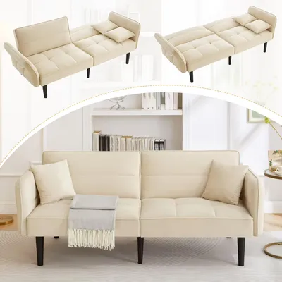 Immagine prodotto di Letto divano MODFU con sei gambe in legno massello, divano 2 in 1 reclinabile, mobile imbottito con braccioli ribaltabili, divano relax con funzione letto, beige