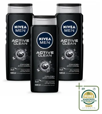 Immagine prodotto di 3 confezioni di gel doccia NIVEA MEN Active Clean 3-in-1, 500 ml ciascuna - confezione risparmio - 3 pezzi