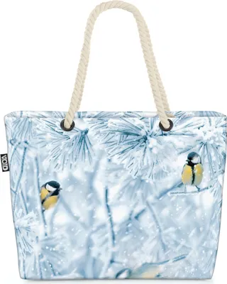 Produktbild von VOID Blaumeise Kohlmeise Vogel Schnee Strandtasche Shopper 58x38x16cm 23L XXL Einkaufstasche Tasche Reisetasche Beach Bag