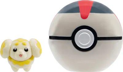 A toy dog and a Poké Ball are shown against a white background.
