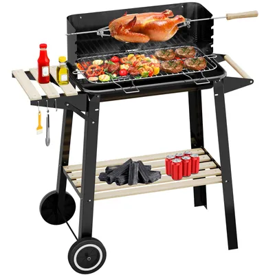 Produktbild von HOMELUX Holzkohlegrill, 84 × 39 x 87 cm Grillwagen Standgrill, Grill BBQ Grillrost mit Rädern & Holzablage,  Ideal für Picknick, Garten Camping