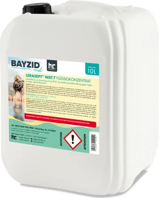 A white plastic container of liquid disinfectant for swimming pools and whirlpools.