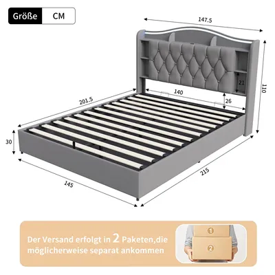 Produktbild von Polsterbett - Doppelbett 140x200 cm - LED Beleuchtung - Kopfteil mit USB & Typ-C - Mit Stauraum - Samt - Grau