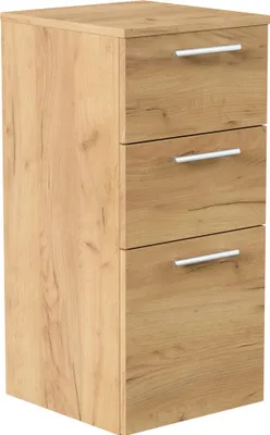 A tall, narrow cabinet with three drawers, made of wood-look material with silver handles, shown against a white background.