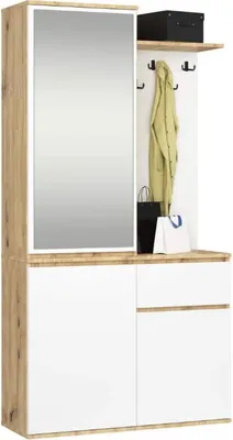 Produktbild von BDW, ENTRO Flurgarderobe-Set mit Spiegelschrank, 95x183x35cm, Eiche Artisan / Weiß