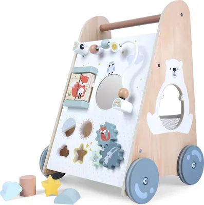 A wooden baby walker with various interactive toys and activities.
