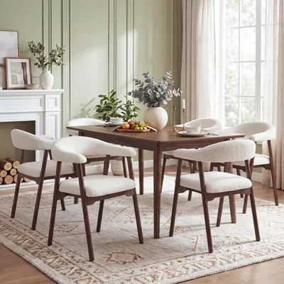 Produktbild von Flieks Esszimmerstühle 6er Set aus Massivholz, geeignet für Esszimmer, Wohnzimmer, Cafés, Boucle, Polsterstühle, Küchenstühle, Walnussholzfarbe+Beige