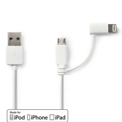 Zdjęcie produktu dla Kabel 2 w 1 | USB 2.0 | USB-A męski | Apple Lightning, 8-pinowe / USB Micro-B, męskie | 480 Mb/s | 1,00 m | Niklowany | Okrągły | PCV | Biały | Plastikowa torba