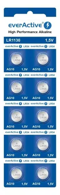 A blister pack of 10 button cell batteries.