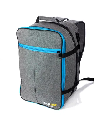 A gray backpack with blue accents on a white background.