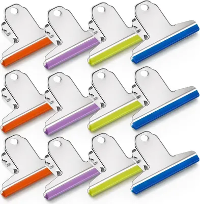Produktbild von 12 Stück Metall Clips Tüten Verschlussclips Brief Klammern aus rostfreiem Edelstahl, mit Silikonstreifen, Starke Federkraft