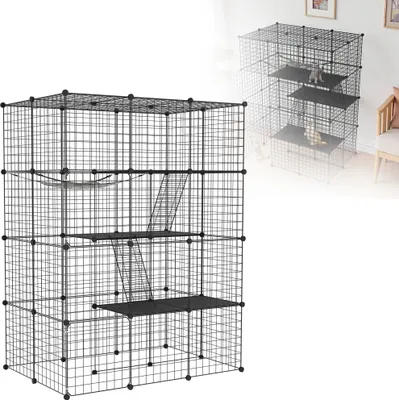 Produktbild von LZQ Großer Katzenkäfig für Innen & Außen 146x110x74 cm – 4-stöckiges Katzengehege mit Metallgitter, rutschfester Bodenplatte & Hängematte, für 2–3 Katzen, Schwarz