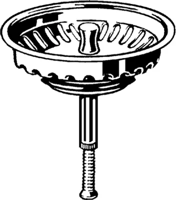 A black and white illustration of a sink strainer basket with a threaded rod extending downwards.