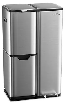 Imagen del producto de Cubo de basura para cocina, 60 litros, cubo con pedal, 3 compartimentos, sistema de separación de residuos, cubo de basura para cocina con cubo interior de plástico, metal, tapa abatible, sistema de cierre suave y hermético