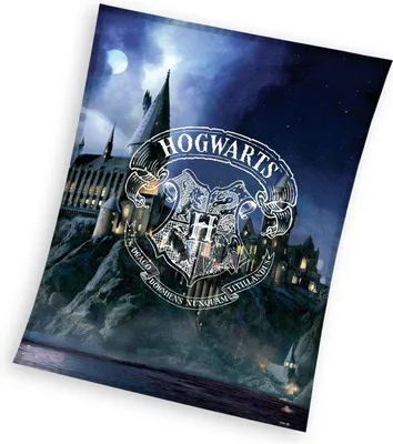 Produktbild von Unyqoos® Harry Potter Fleecedecke 130 x 170 cm – Hogwarts‑Wappen auf Schloss‑Motiv, 100% Polyester, kuscheliges Fleeceplaid