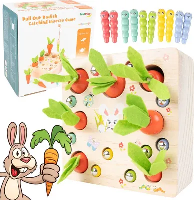 A wooden toy with carrots and insects, along with its packaging and toy insects.