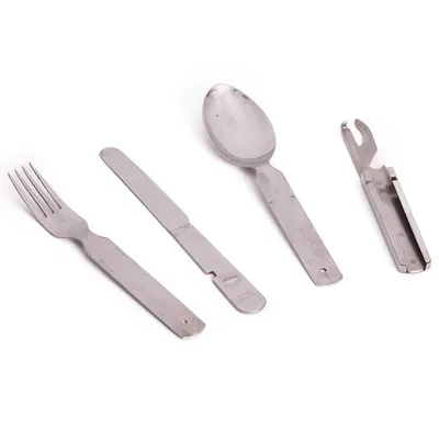 Produktbild von 4-teiliges Feld-Essbesteck Edelstahl zusammensteckbar mit Flaschen- und Büchsenöffner 19,2 cm