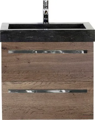 Produktbild von Sanox Badmöbel-Set Seville BxHxT 61 x 58 x 45,5 cm Frontfarbe tabacco mit Waschtisch Naturstein schwarz Griff chrom 8170