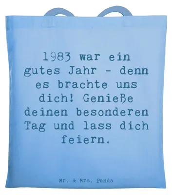 Produktbild von Mr. & Mrs. Panda Tote Bag Spruch 1983 Geburtstag - Sky Blue - Geschenk, Shopping Tasche, Schultasche, Lächeln, Jutebeutel, Geboren am, Stoffbeutel, geschätzt, Geburtsjahr