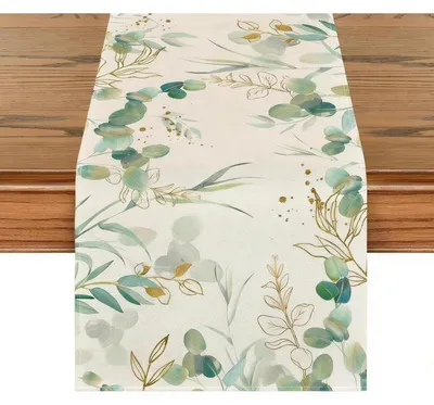 Obrázek produktu pro Běžec na stůl, zelená barva, eukalyptus, rozměry 183x33 cm, materiál: tkanina, lze prát, styl: boho, dekorace