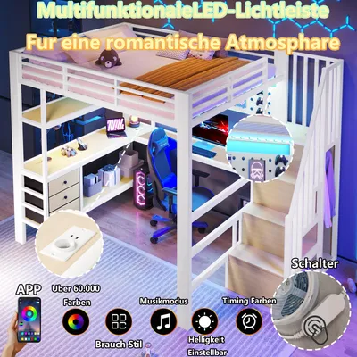 Produktbild von okwish 140×200 Hochbett mit Tisch und Schublade, Jugendbett mit LED-Licht und Steckdose, Einzelbett mit Lochwand, Weiß ,ohne Matratze