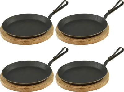Produktbild von Servierpfanne aus Schmiedeeisen gebogener Hakenstiel Ø 24 cm 4 Stück inklusive Brett