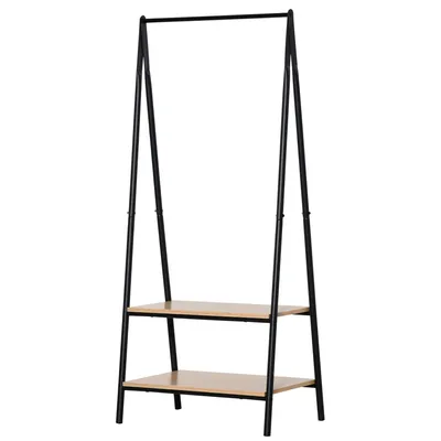 Produktbild von HOMCOM Gaderobenständer Kleiderständer Kleiderstange mit Schuhablage Wäscheständer Metall + Holz Schwarz + Natur 64 x 42,5 x 149 cm