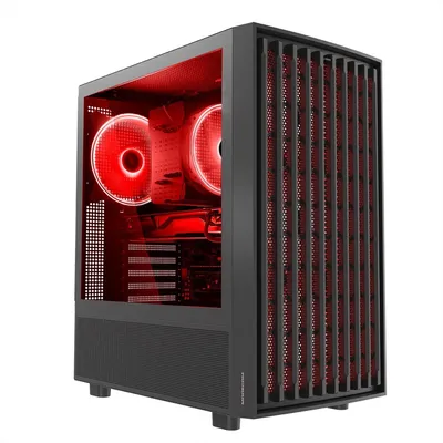 A black computer tower with red internal lighting.