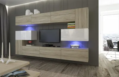 Produktbild von Furnitech Wohnwand Wohnzimmer - Wohnzimmer Möbel mit LED Weiß - Hängend Wohnwand Modern - Wohnzimmer Schrankwand mit Regale und TV Schrank (Albania AN3-17SW-HGM41 1B)