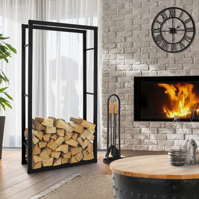 Produktbild von ML-Design Kaminholzregal aus Metall, 80x150 cm, Schwarz, Innen/Außen, Brennholzregal Holzaufbewahrung aus beschichtetem Stahl