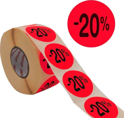 Produktbild von METO Promo-Etiketten "-20%" rund rot fluor 1 Rolle à 1.000 Etiketten