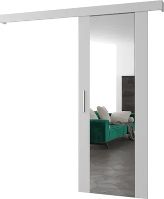 A sliding door with a mirror on a white background.