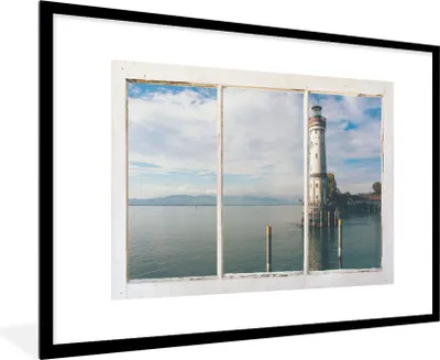 Produktbild von MuchoWow® MuchoWow® Gerahmtes Poster Aussicht - Leuchtturm - Wasser 90x60 cm - Poster mit zchwarzem Bilderrahmen - Wanddekoration - Fotos