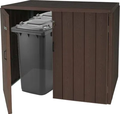 Produktbild von XL 2er-/4er-WPC-Mülltonnenverkleidung MCW-J28, Premium Mülltonnenbox, Metall Holzoptik, erweiterbar braun