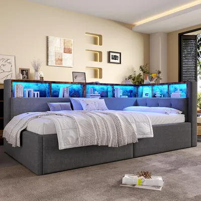 Produktbild von MODFU Schlafsofa ohne Matratze 90×200 Jugendbett mit LED-Streifenbeleuchtung,Bettgestell mit Aufbewahrungsfunktion und Staufächer,Grau