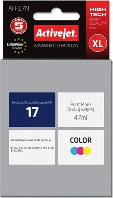 Produktbild von Activejet AH-17N Tintenpatrone (Ersatz für HP 17 C6625A; Höchste; 47 ml; farbe), Hohe (XL-) Ausbeute, Cyan, Magenta, Gelb, Tinte auf Pigmentbasis, 47 ml, 1 Stück(e), Einzelpackung