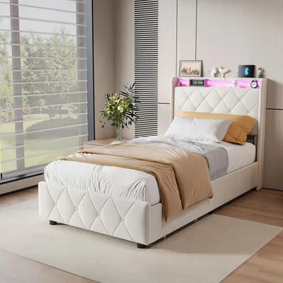 Immagine prodotto di Letto imbottito UnboxG 90x200 cm in velluto beige, 4 cassetti, testiera con illuminazione a LED e stazione di ricarica, design con bottoni per la camera da letto