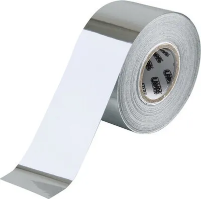 A roll of silver and white tape is shown against a white background.