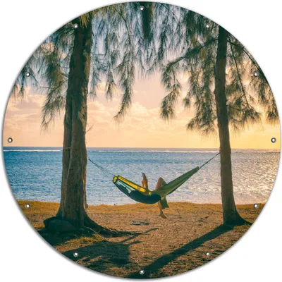 Produktbild von Wallario rundes Outdoor-Poster für Garten oder Balkon, Motiv Chillout - Hängematte am Meer, 120 cm Durchmesser